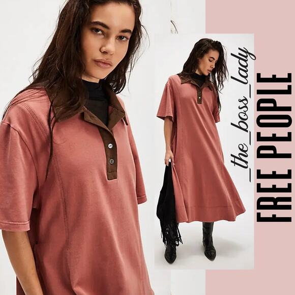Free People shirt dress polo shirt dress midi collared boho sporty Large - Picture 1 of 8